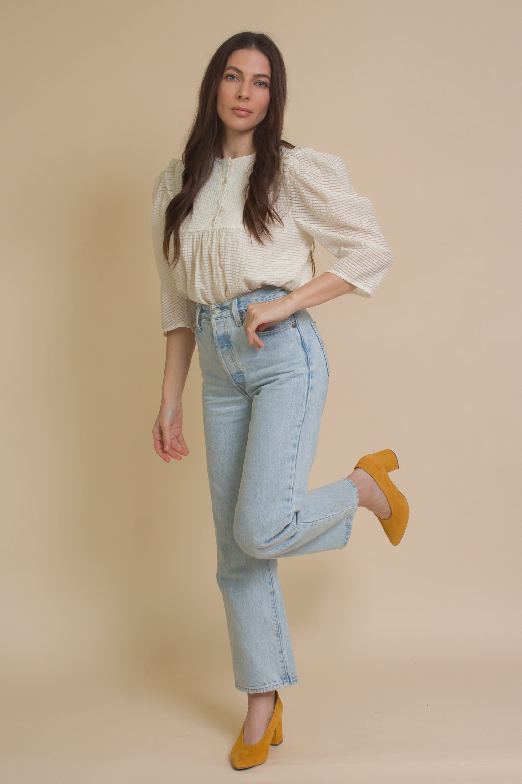 Current Air textured puff sleeve blouse, in off white.