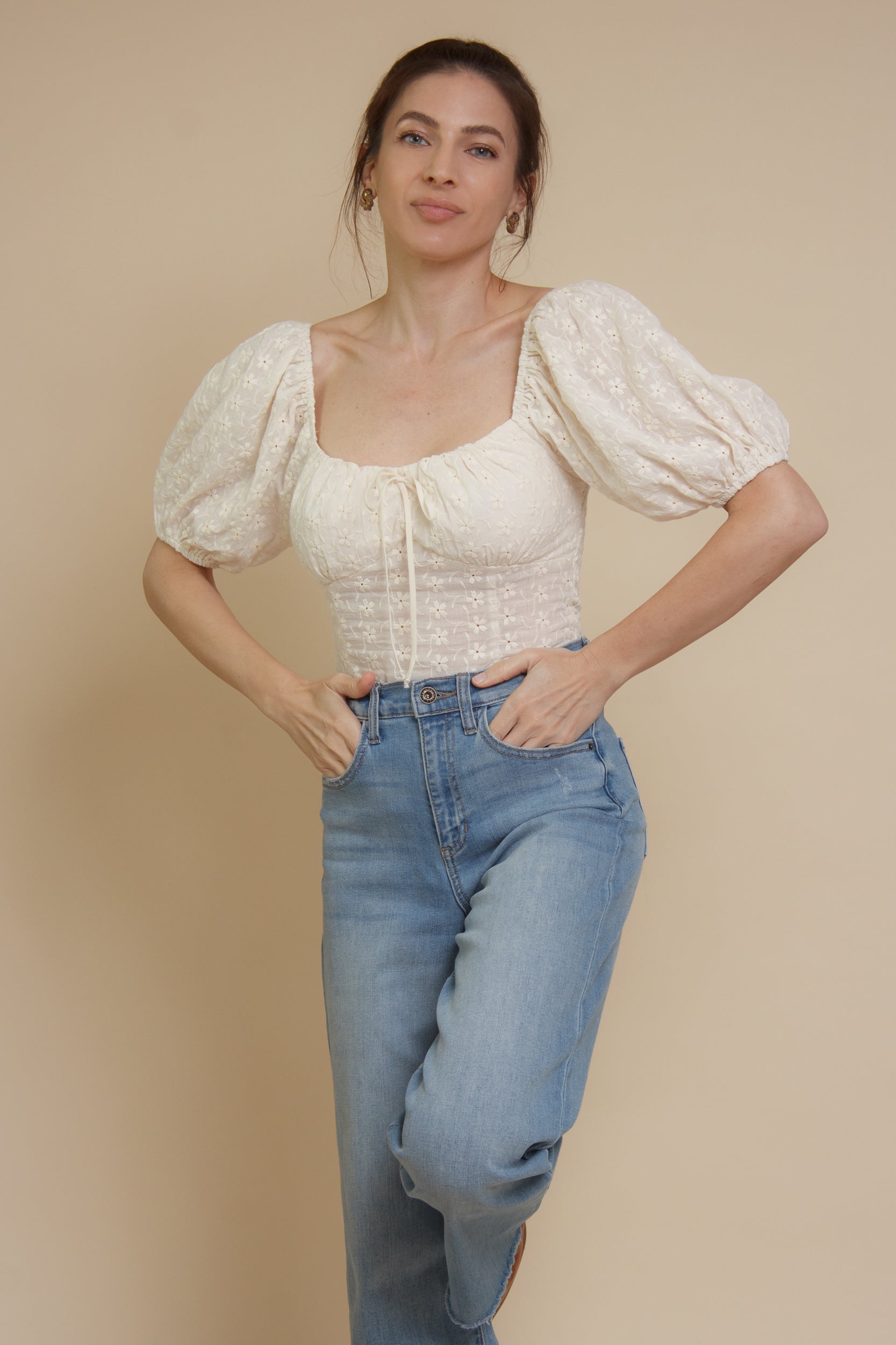 Embroidered eyelet floral, puff sleeve peasant top, in ivory.