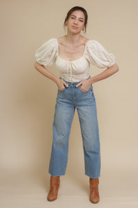 Embroidered eyelet floral, puff sleeve peasant top, in ivory.