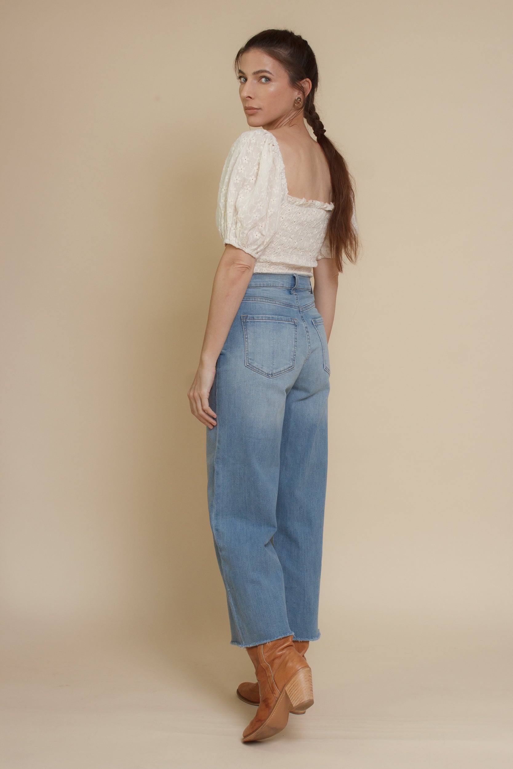 Embroidered eyelet floral, puff sleeve peasant top, in ivory.