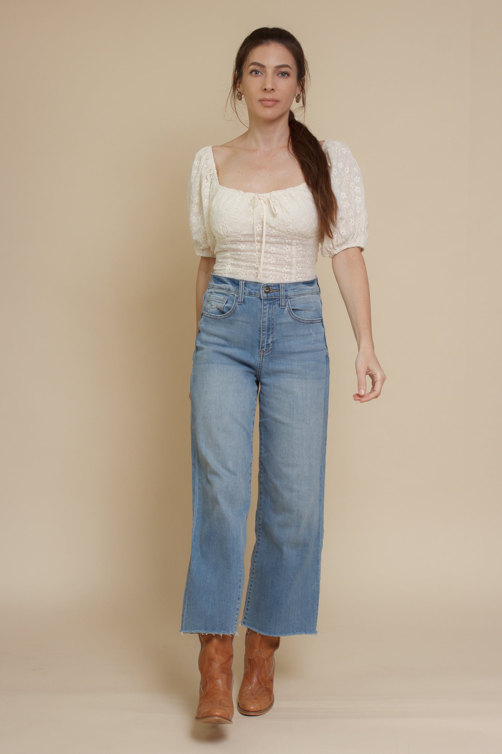 Embroidered eyelet floral, puff sleeve peasant top, in ivory.
