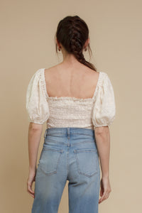 Embroidered eyelet floral, puff sleeve peasant top, in ivory.