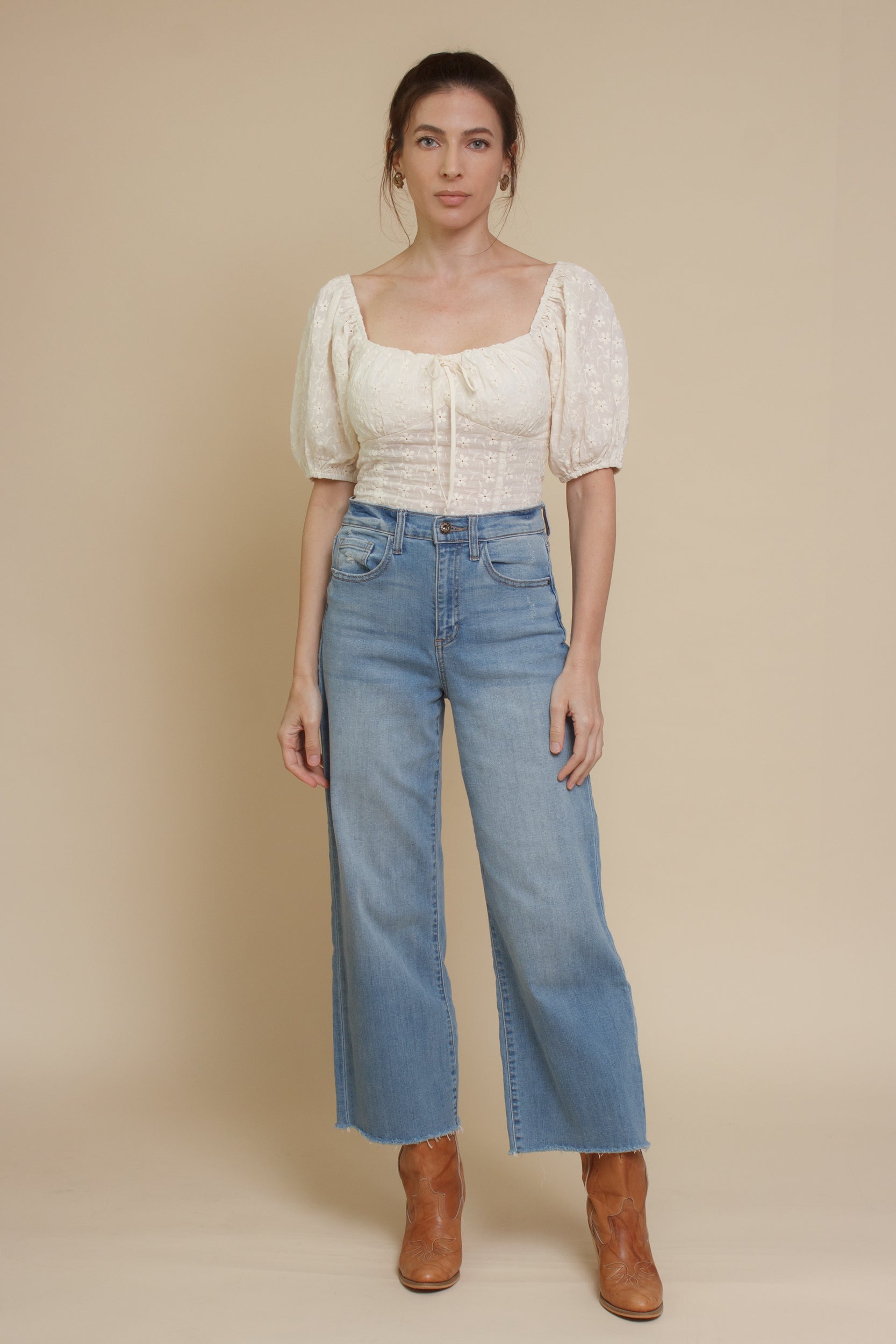 Embroidered eyelet floral, puff sleeve peasant top, in ivory.