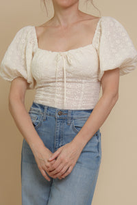 Embroidered eyelet floral, puff sleeve peasant top, in ivory.