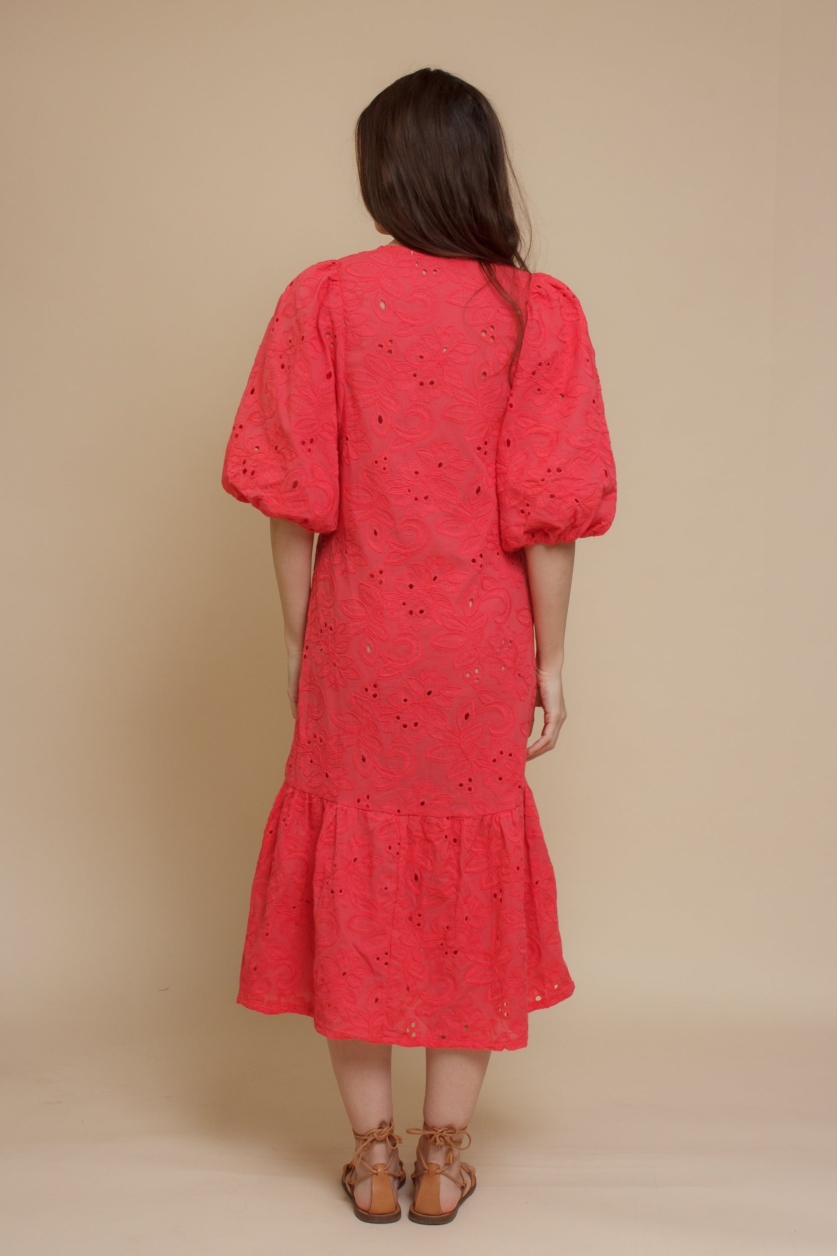 Eyelet embroidered puff sleeve midi dress, in coral.