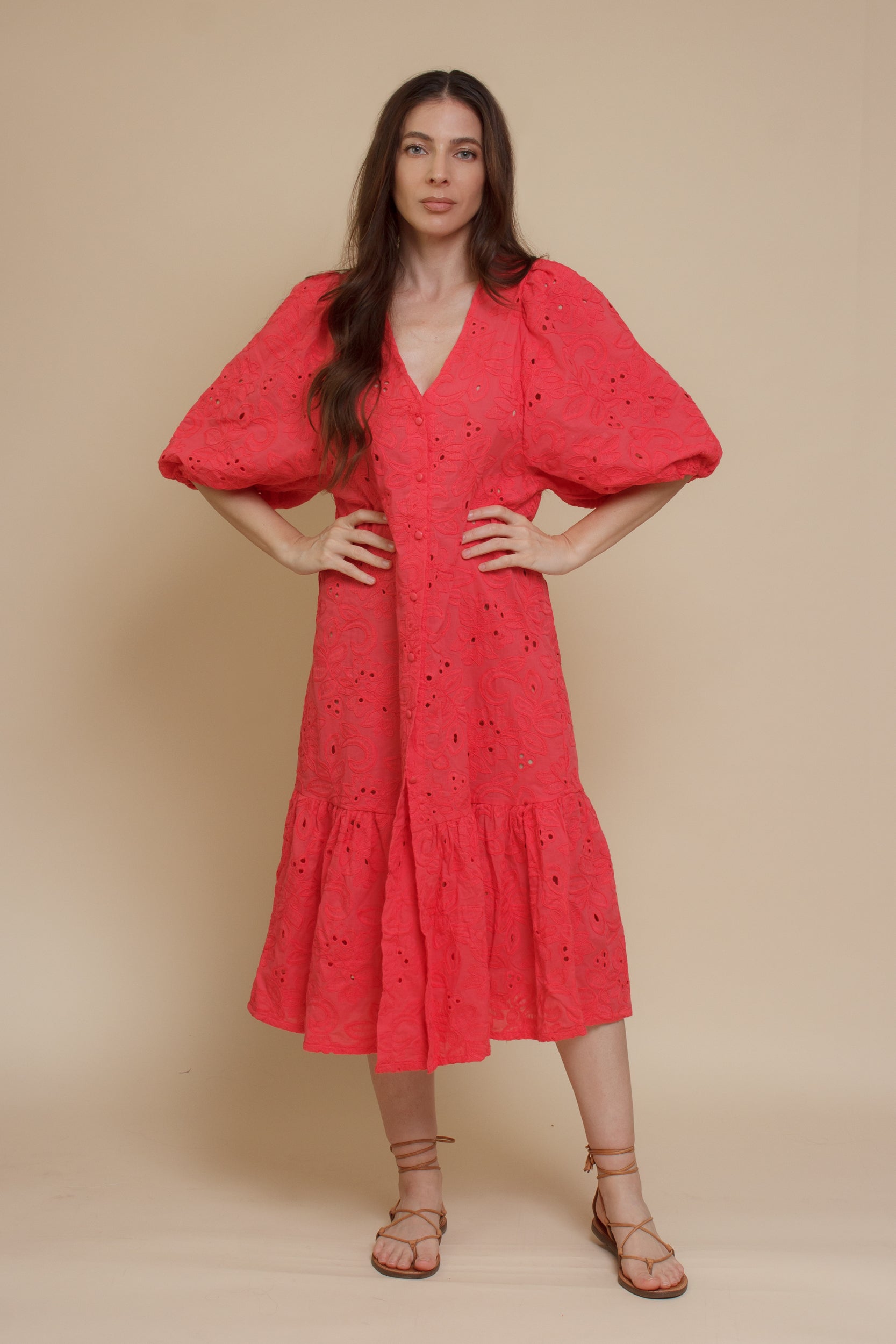 Eyelet embroidered puff sleeve midi dress, in coral.