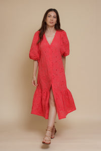 Eyelet embroidered puff sleeve midi dress, in coral.