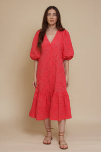 Eyelet embroidered puff sleeve midi dress, in coral.