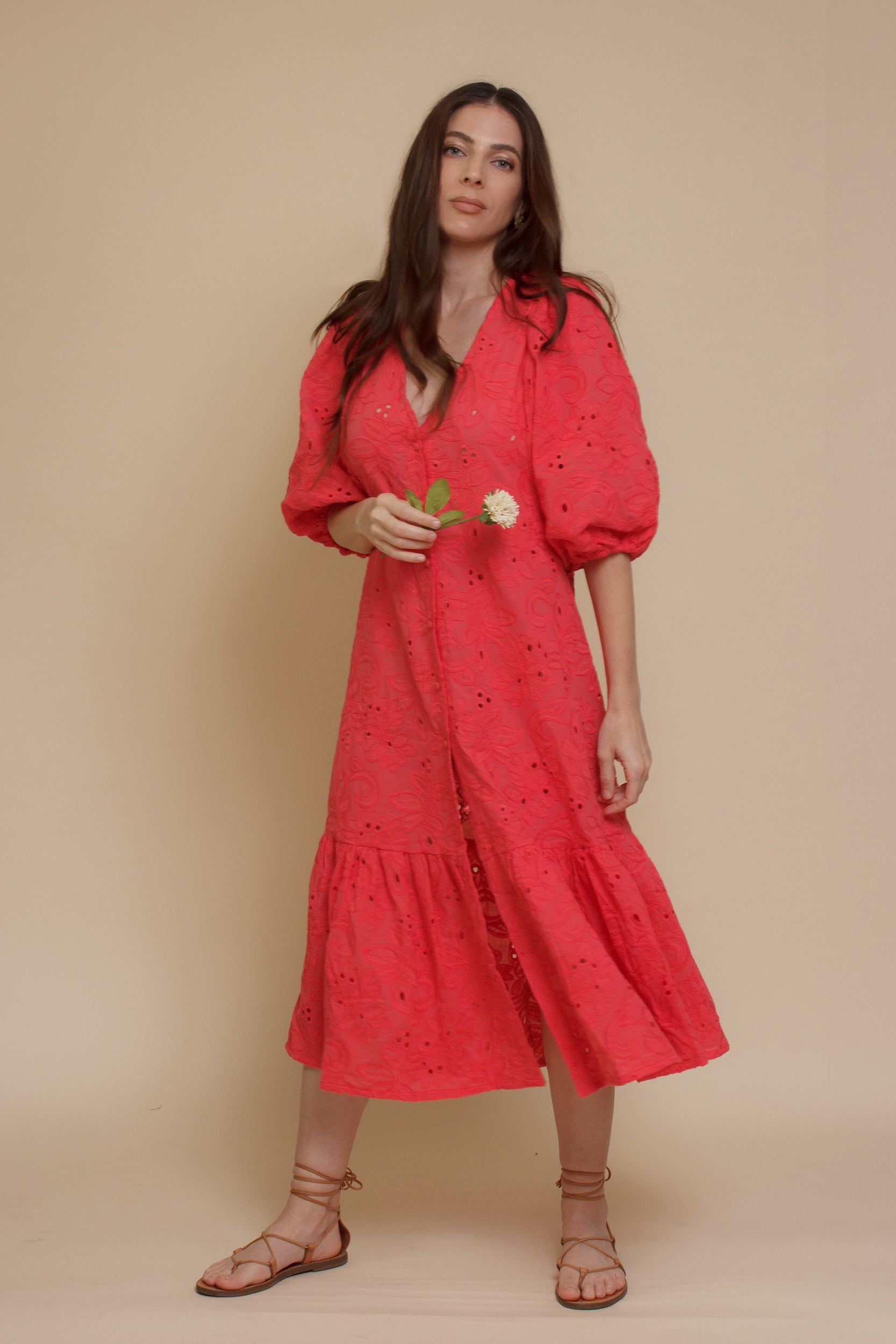 Eyelet embroidered puff sleeve midi dress, in coral.