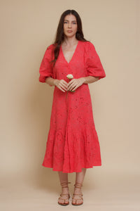 Eyelet embroidered puff sleeve midi dress, in coral.