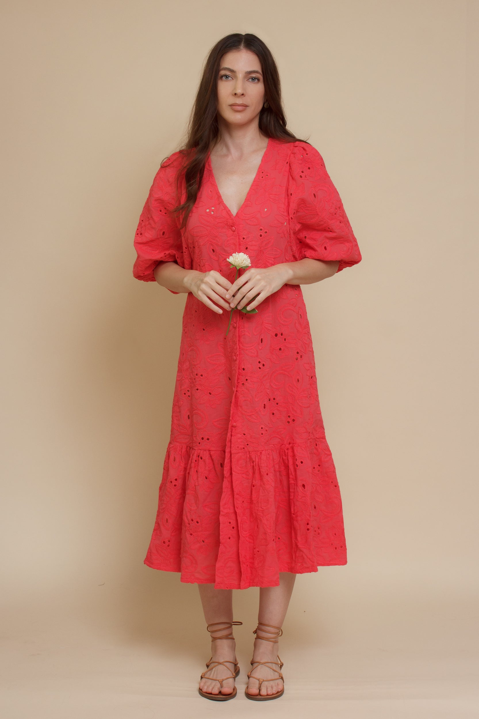 Eyelet embroidered puff sleeve midi dress, in coral.