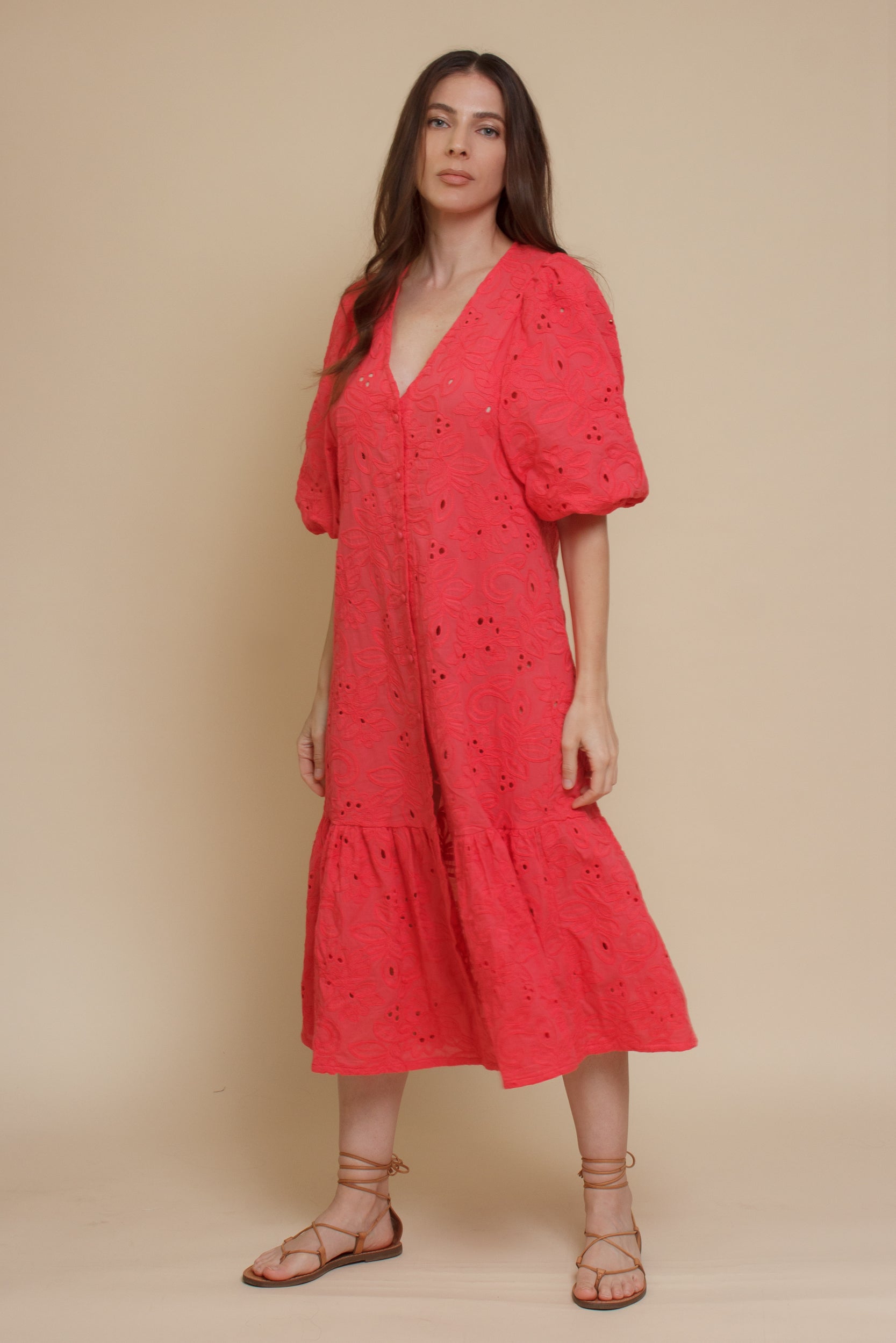 Eyelet embroidered puff sleeve midi dress, in coral.