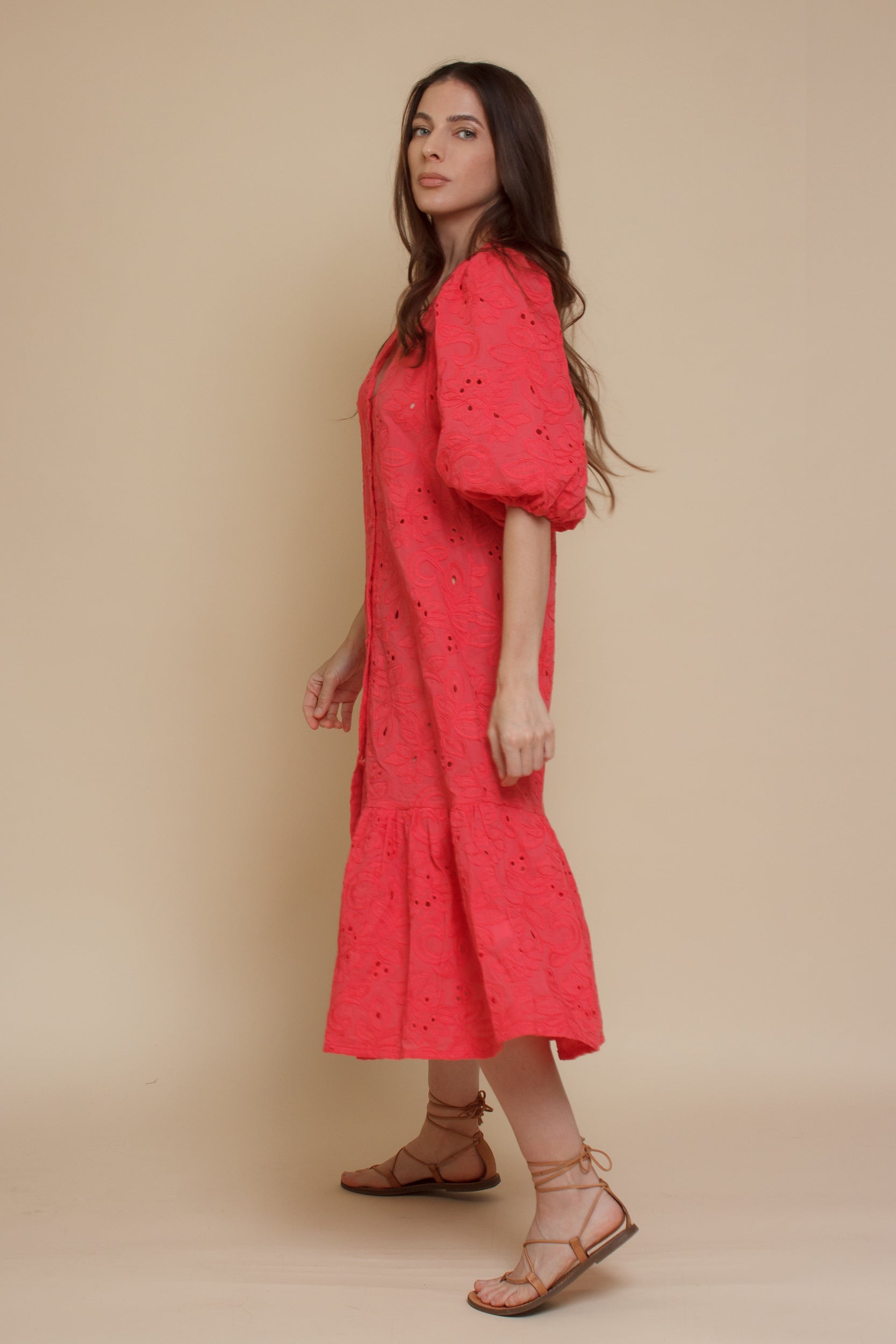 Eyelet embroidered puff sleeve midi dress, in coral.