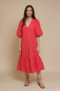 Eyelet embroidered puff sleeve midi dress, in coral.