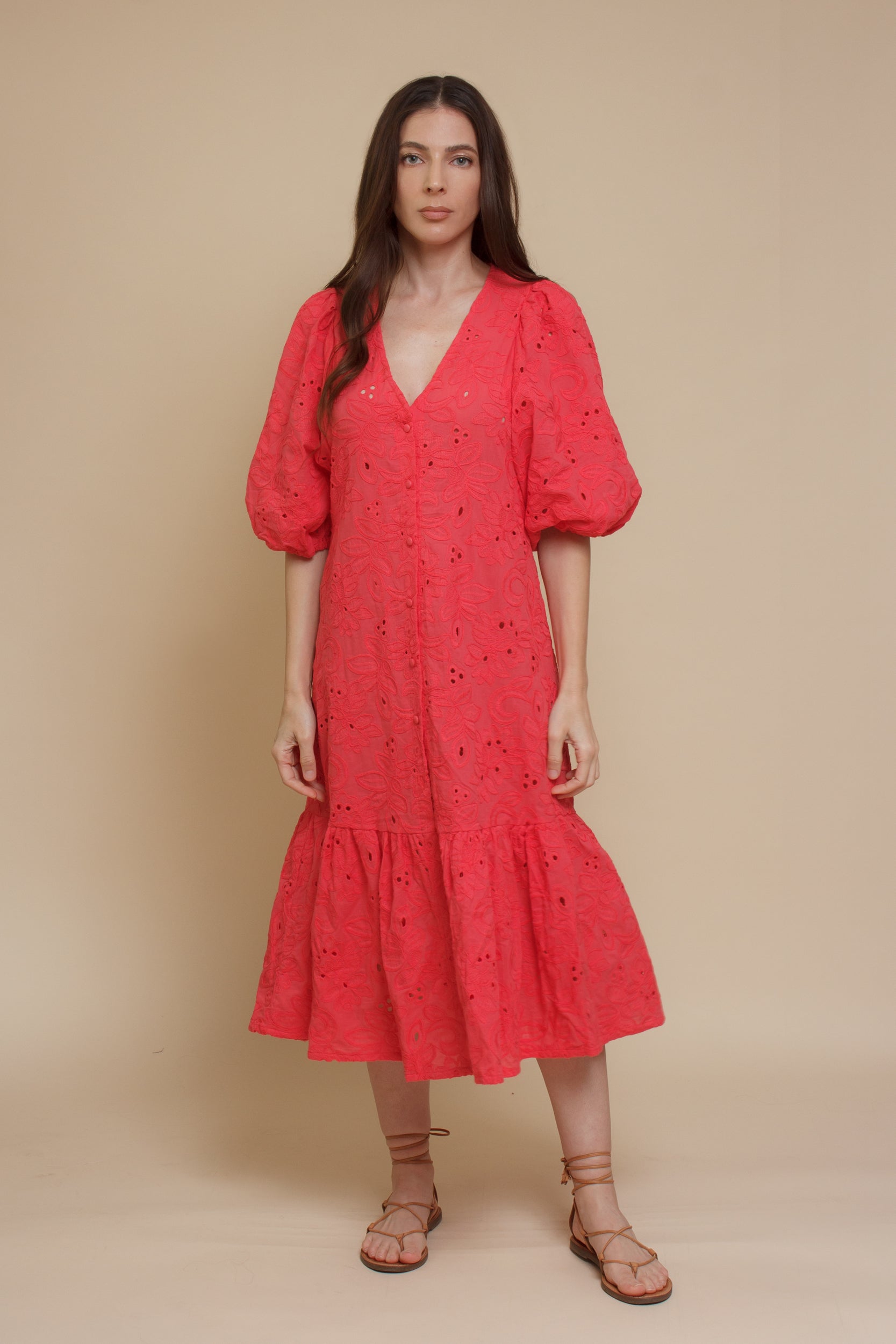Eyelet embroidered puff sleeve midi dress, in coral.