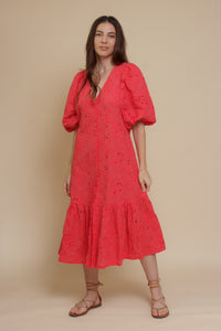 Eyelet embroidered puff sleeve midi dress, in coral.