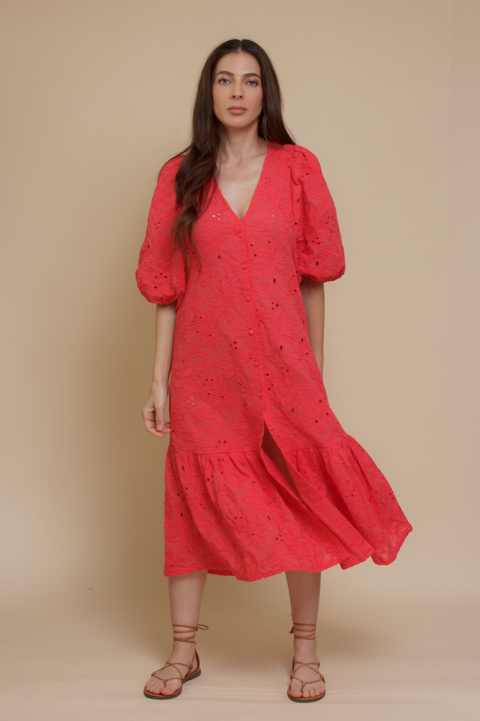 Eyelet embroidered puff sleeve midi dress, in coral.