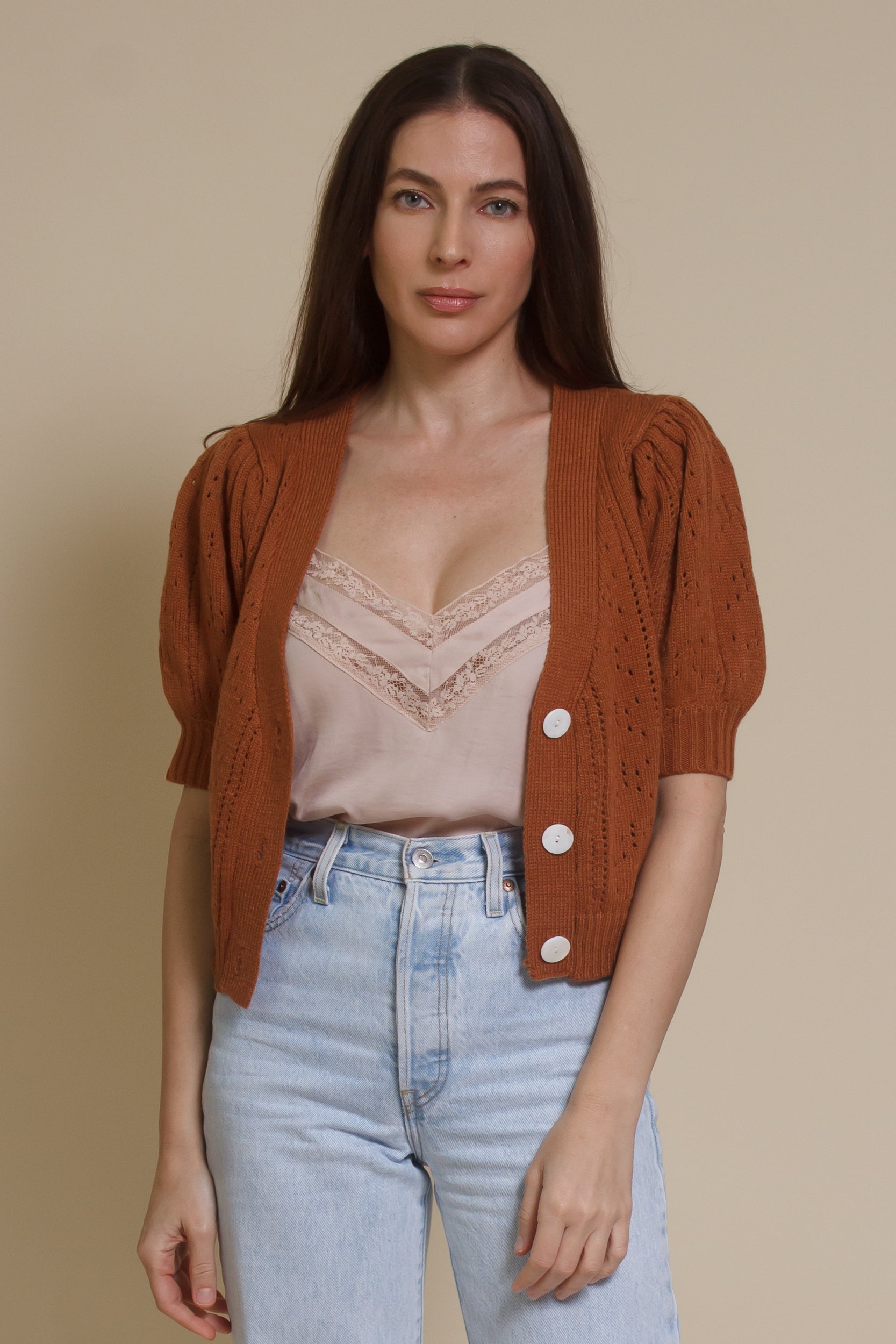 Endless Blue eyelet short sleeve cardigan, in gingerbread.
