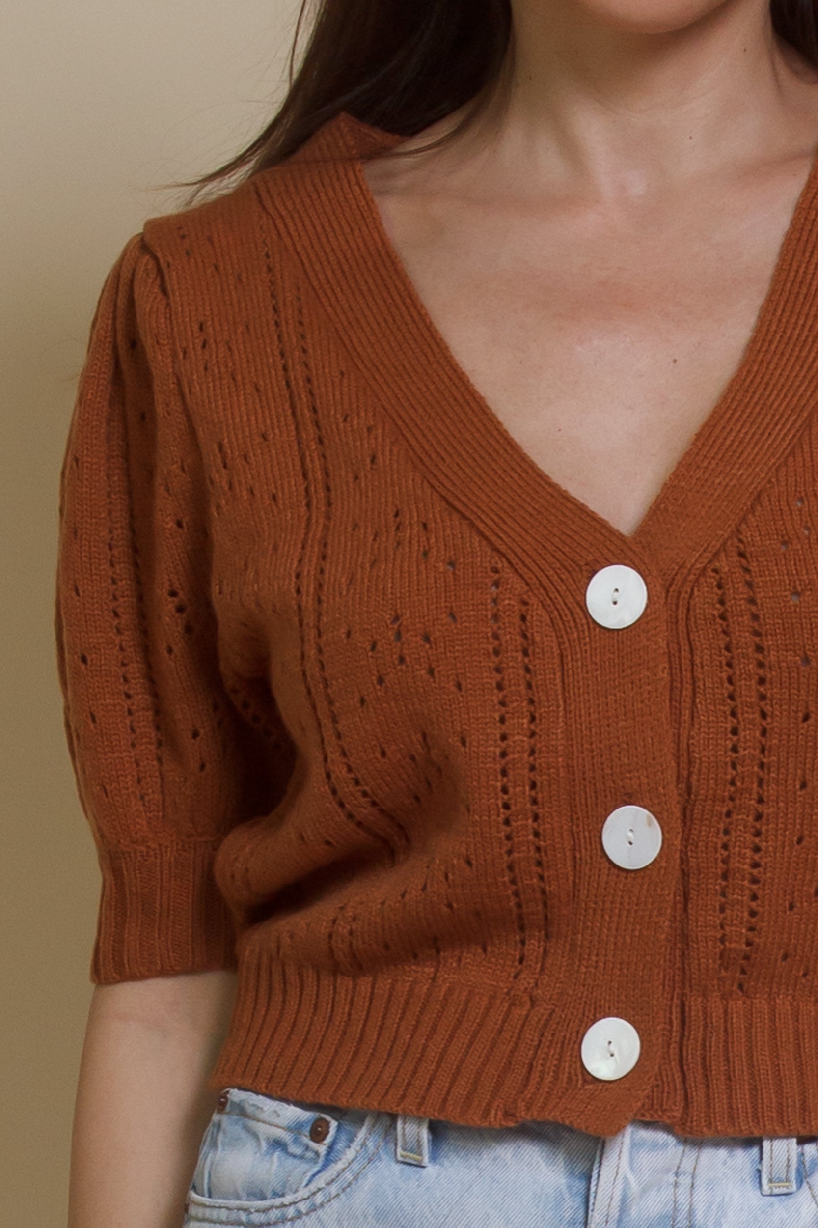 Endless Blue eyelet short sleeve cardigan, in gingerbread.