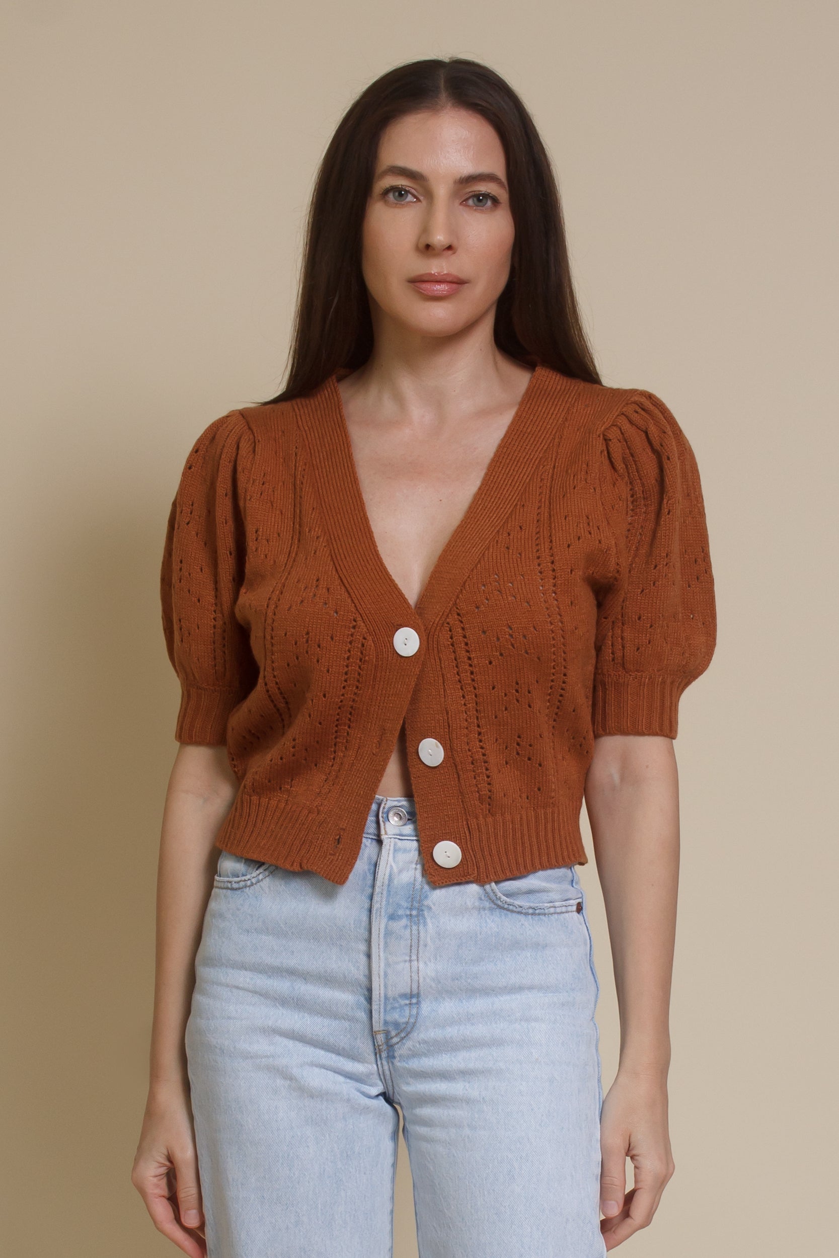 Endless Blue eyelet short sleeve cardigan, in gingerbread.