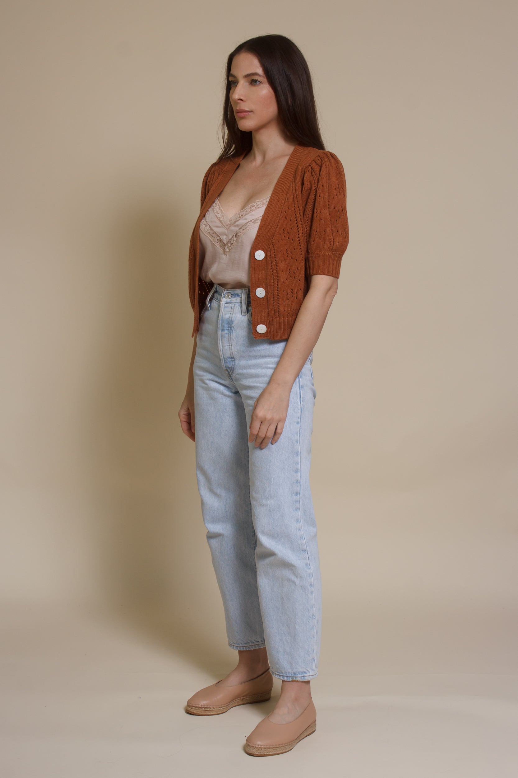 Endless Blue eyelet short sleeve cardigan, in gingerbread.