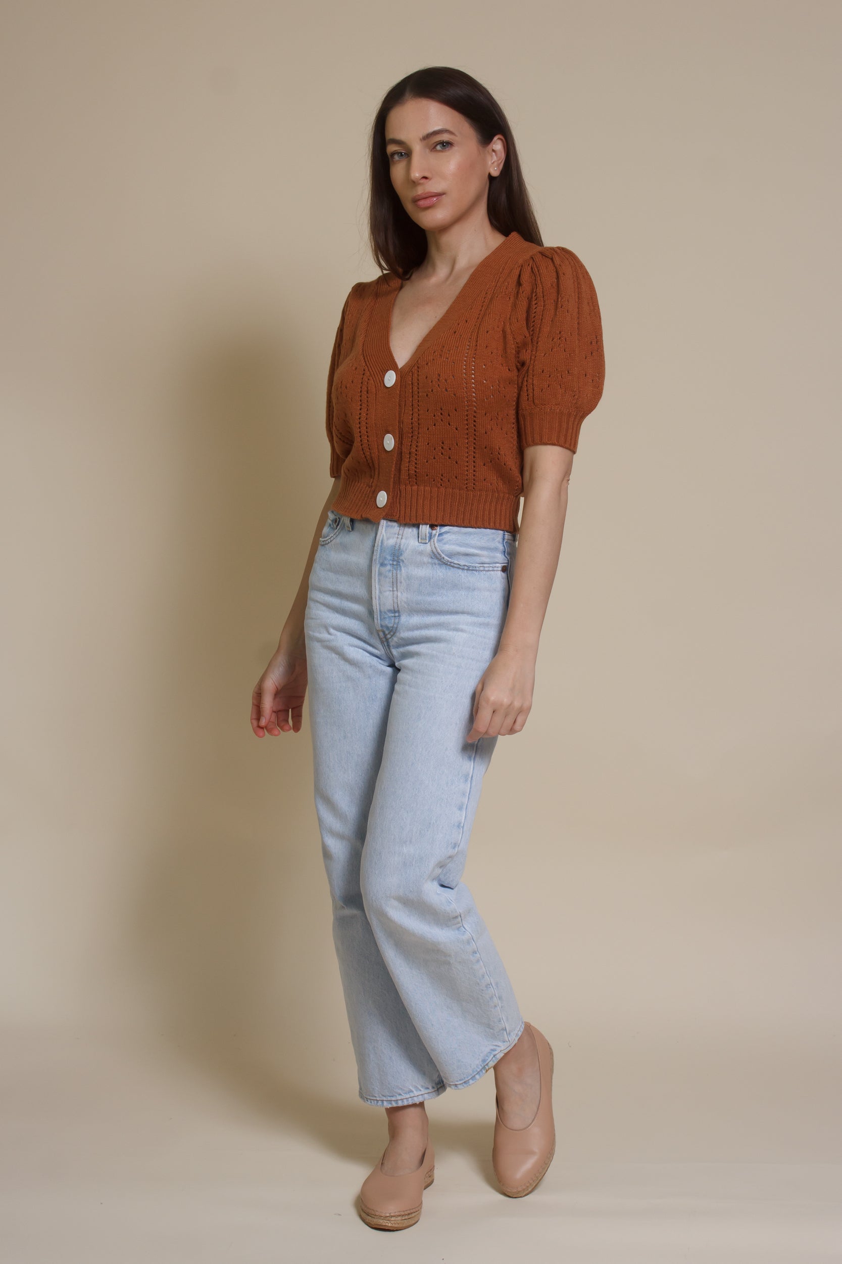 Endless Blue eyelet short sleeve cardigan, in gingerbread.