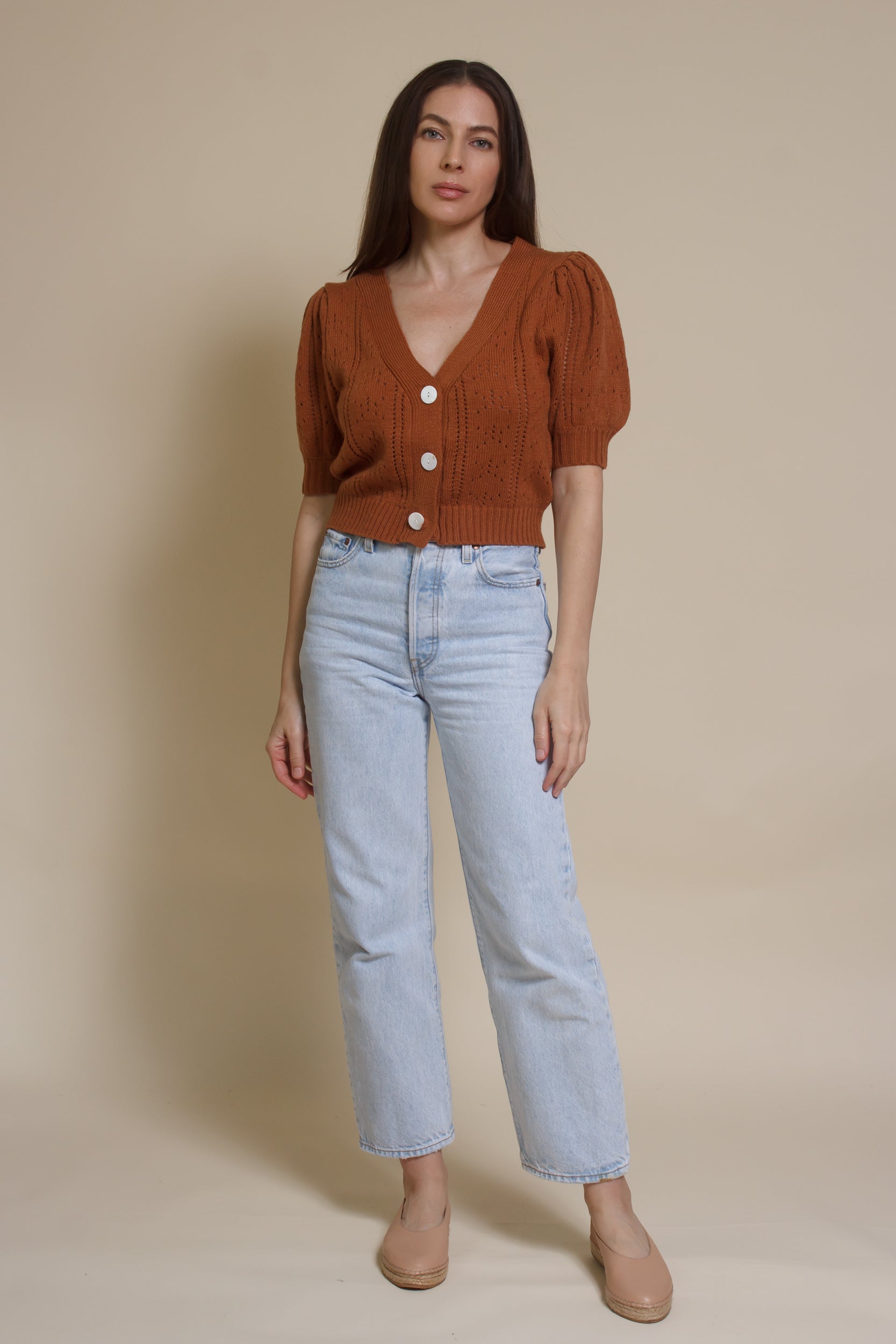 Endless Blue eyelet short sleeve cardigan, in gingerbread.