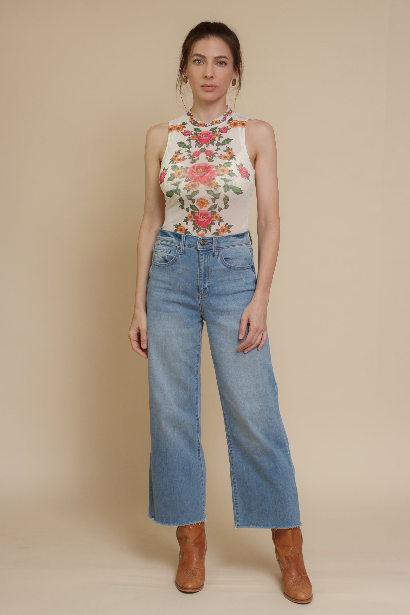 Floral mesh bodysuit, in cream.