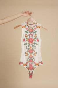 Floral mesh bodysuit, in cream.