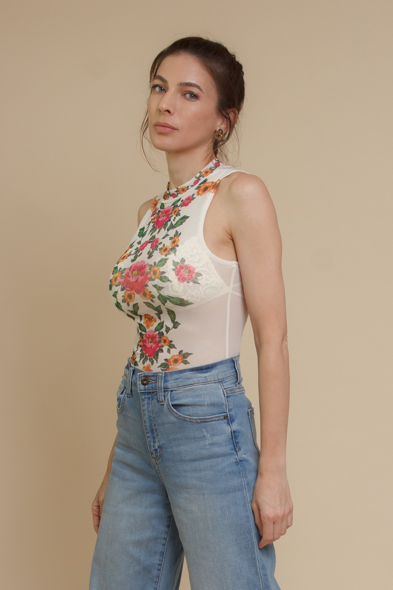 Floral mesh bodysuit, in cream.