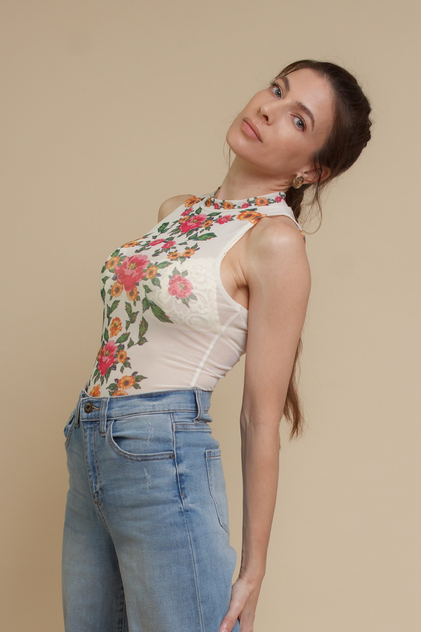 Floral mesh bodysuit, in cream.