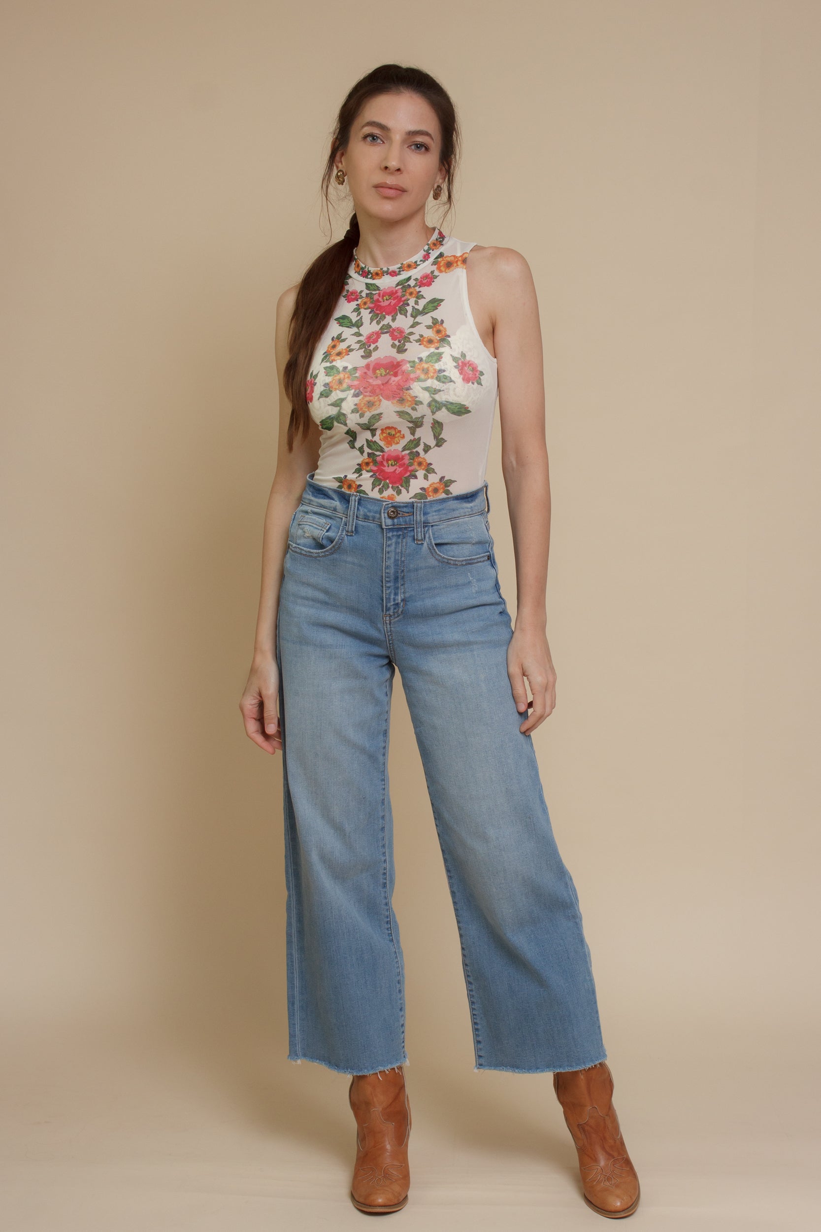 Floral mesh bodysuit, in cream.