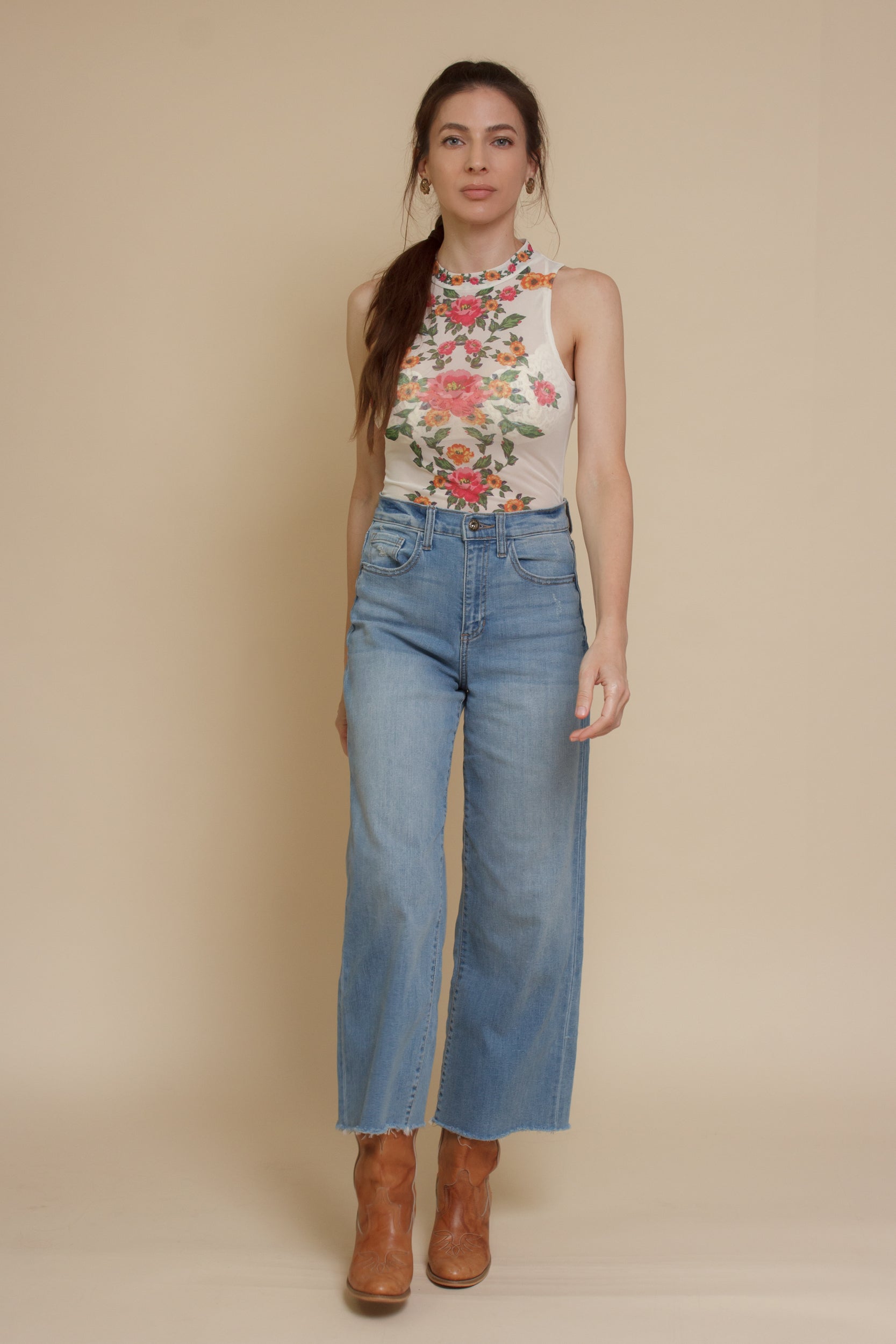 Floral mesh bodysuit, in cream.