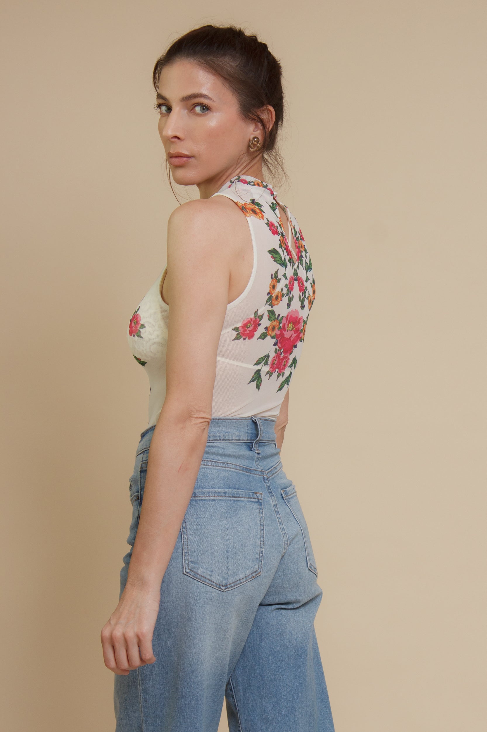 Floral mesh bodysuit, in cream.