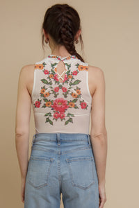 Floral mesh bodysuit, in cream.