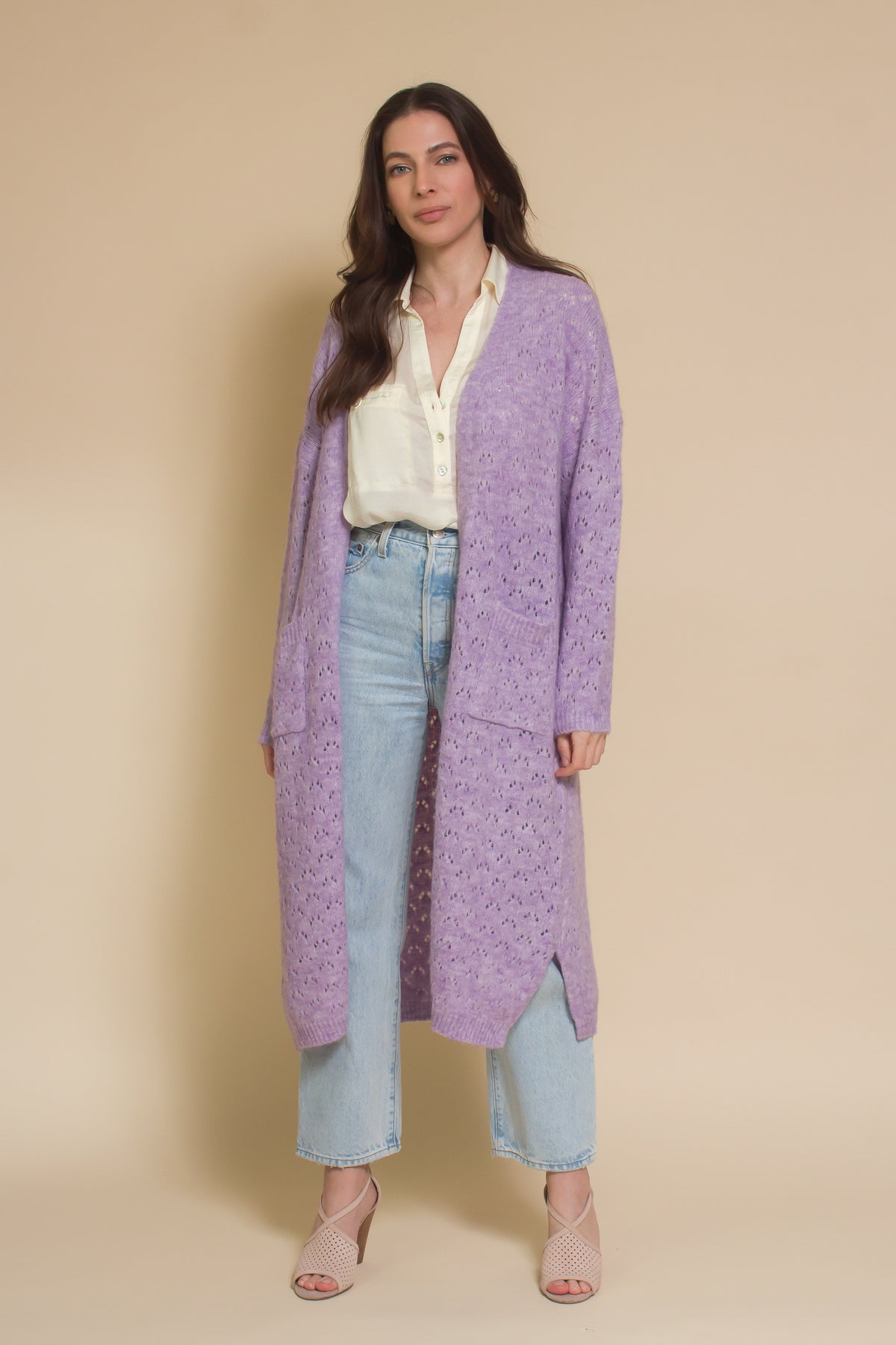 FRNCH Limonette Cardigan with eyelet detail, in lilac.