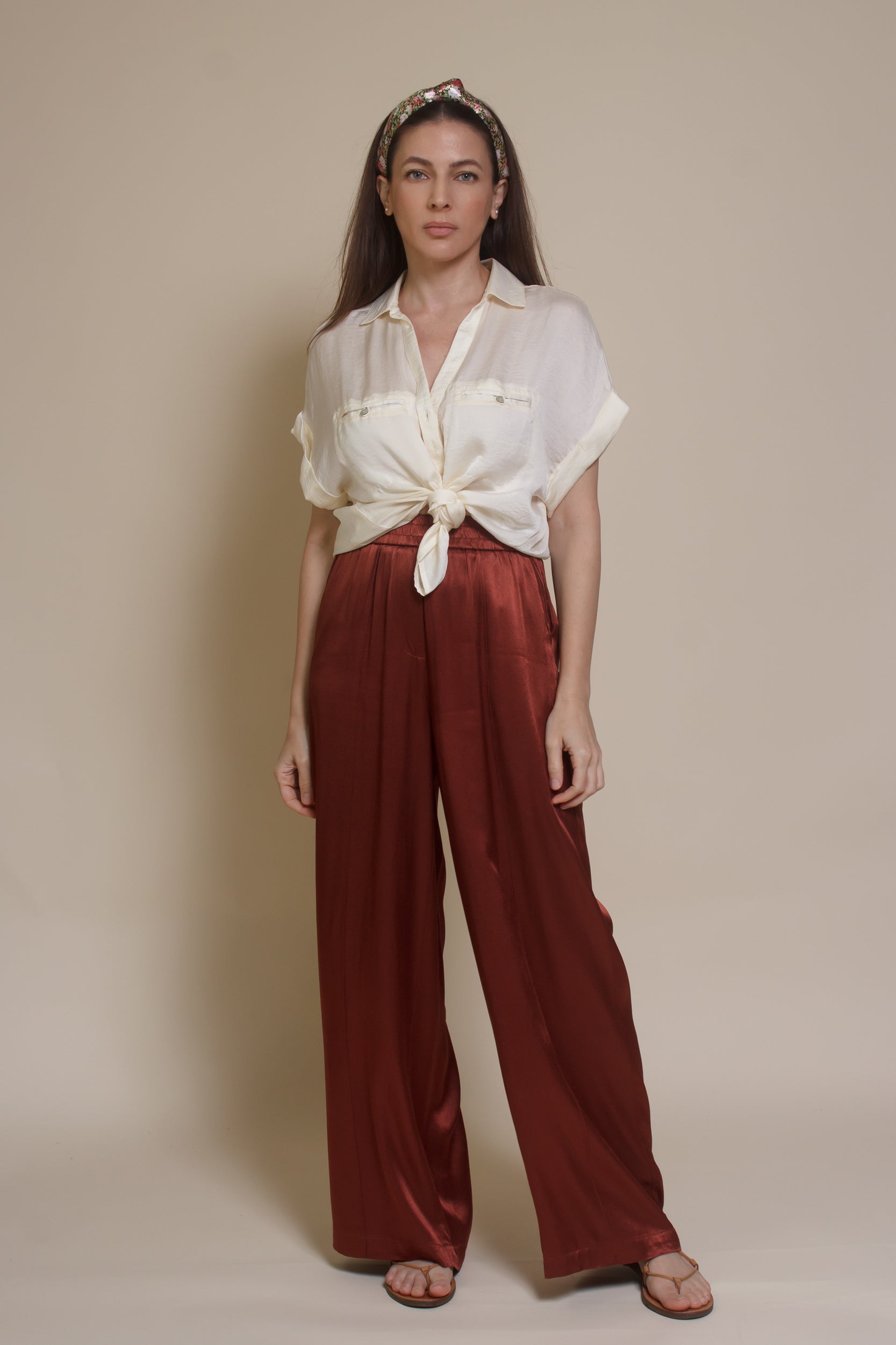 Frnch satin Palmina Pants, in marron glace.