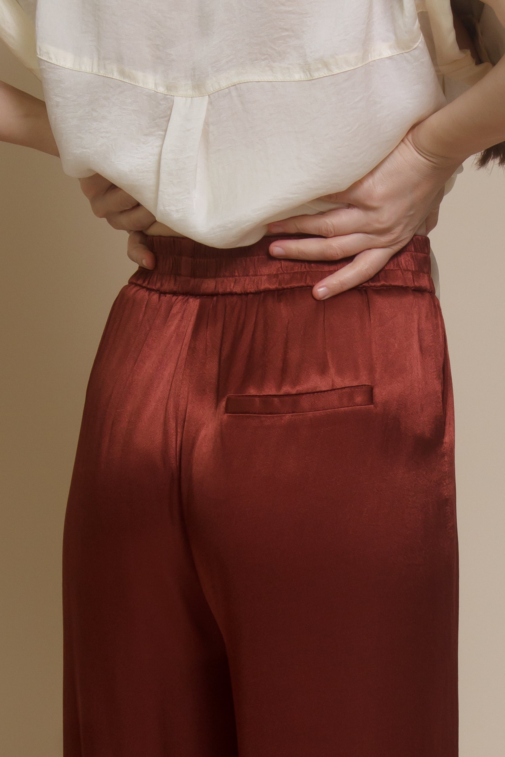 Frnch satin Palmina Pants, in marron glace.
