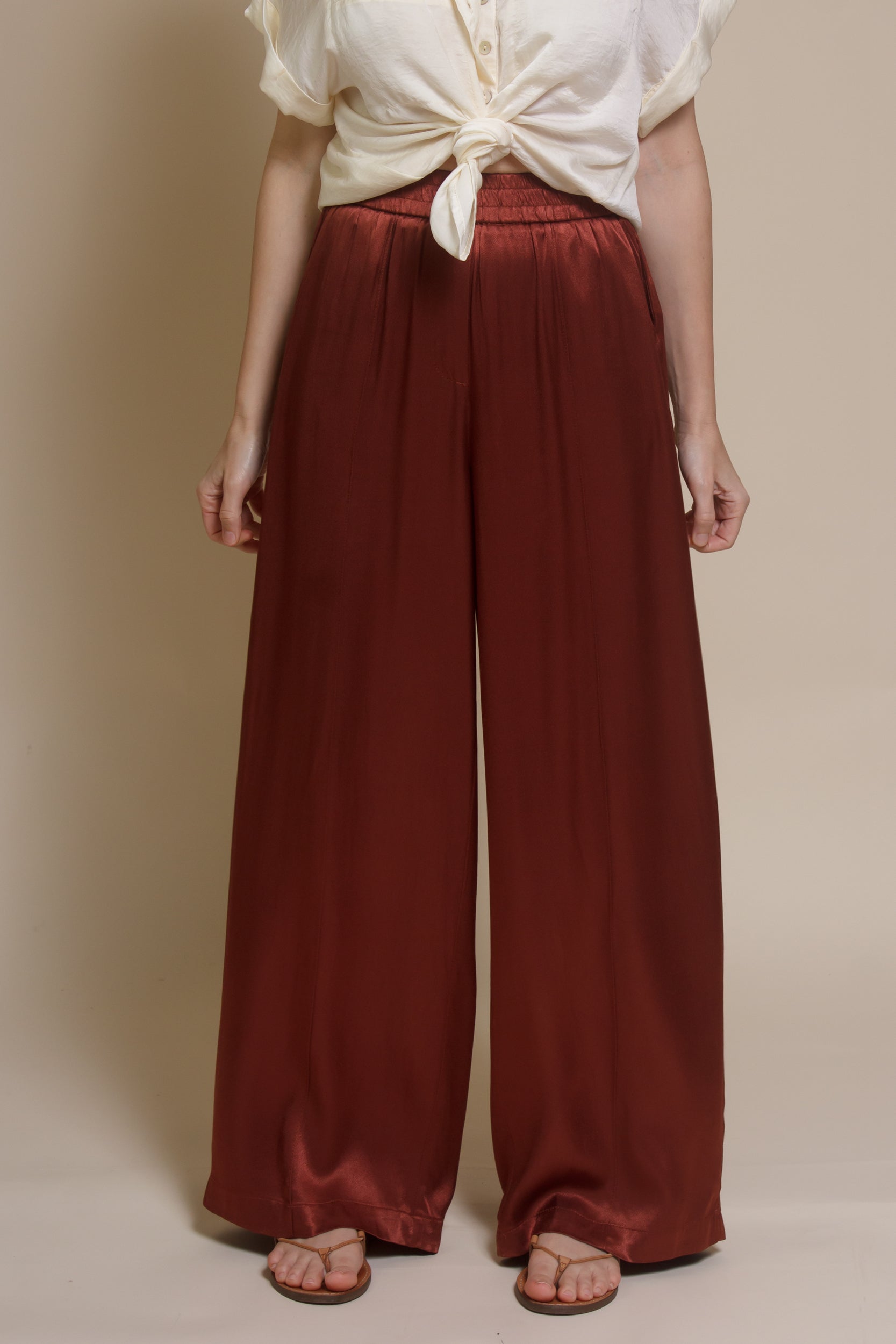 Frnch satin Palmina Pants, in marron glace.