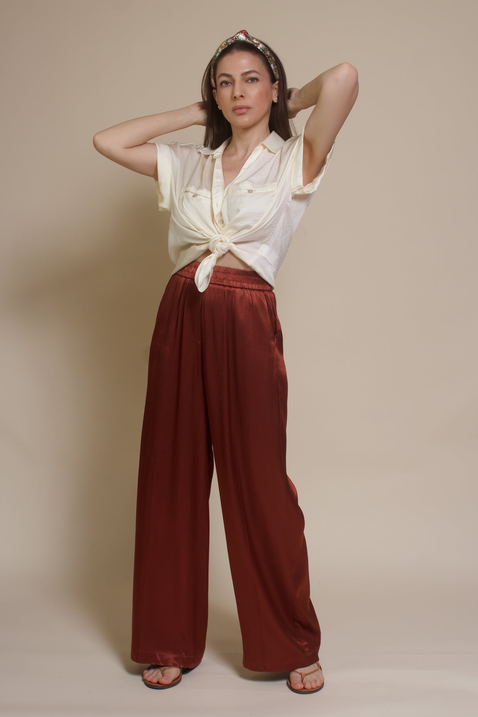 Frnch satin Palmina Pants, in marron glace.