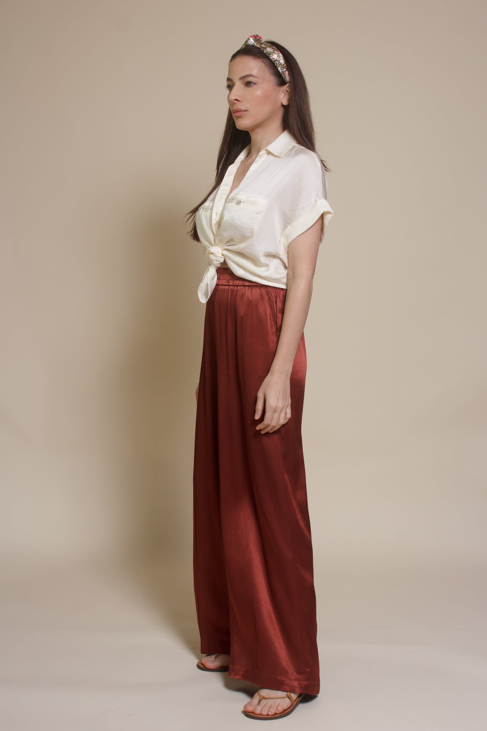 Frnch satin Palmina Pants, in marron glace.