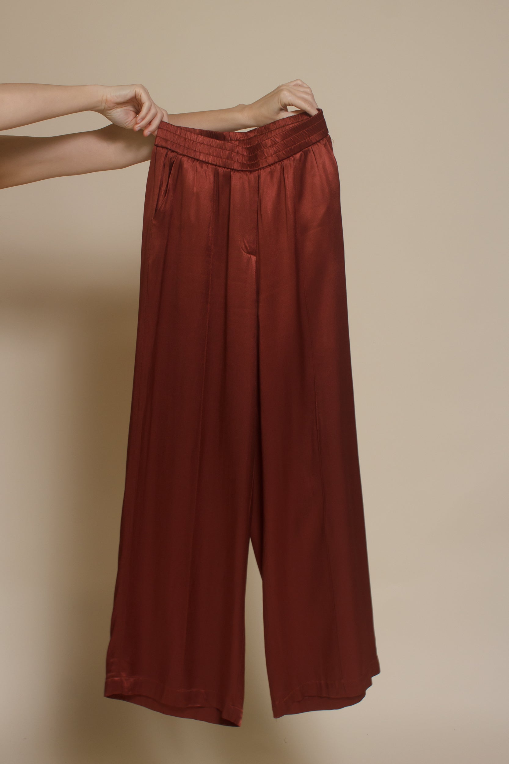 Frnch satin Palmina Pants, in marron glace.