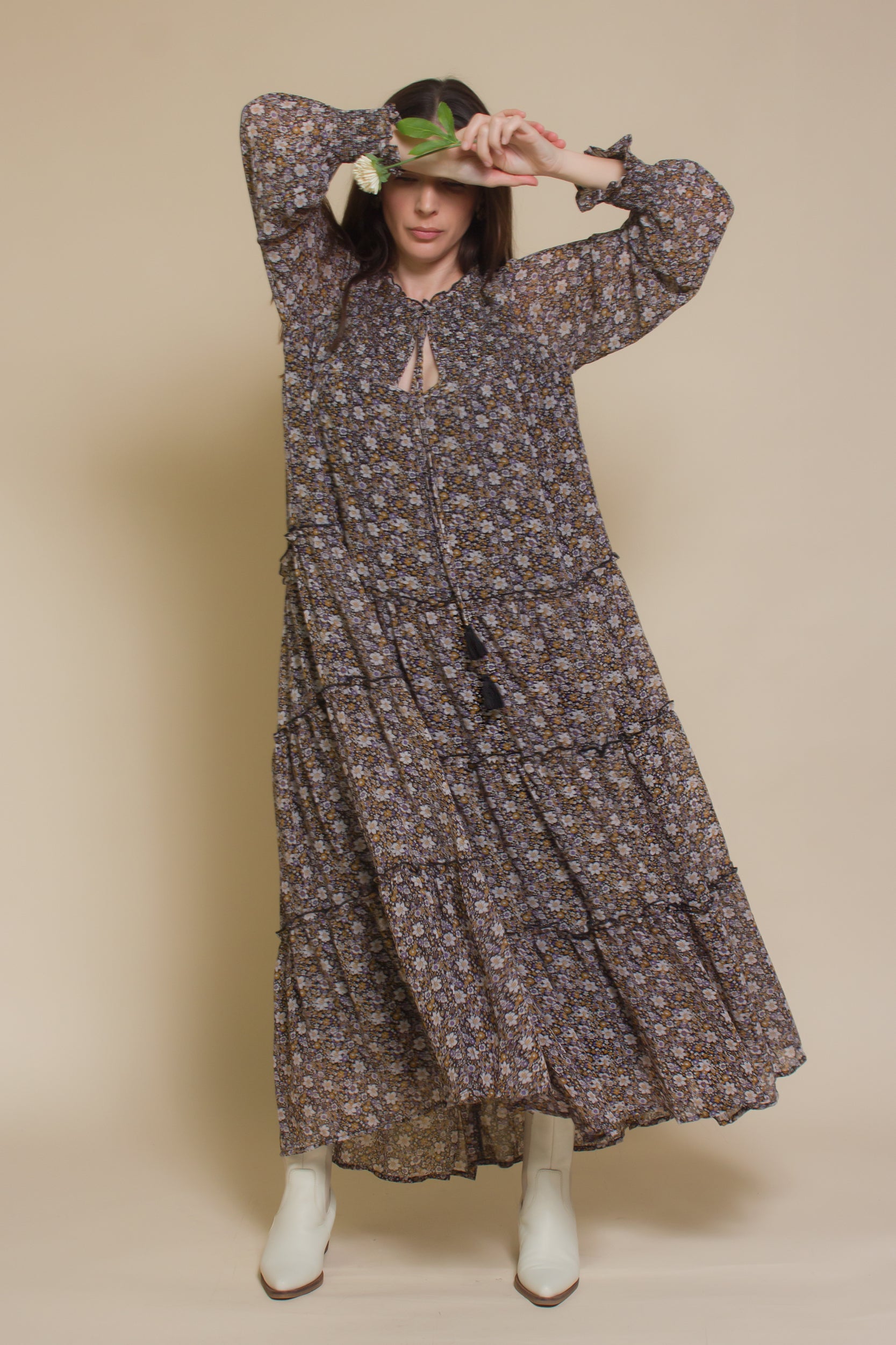 In loom, floral boho maxi dress, in black floral.