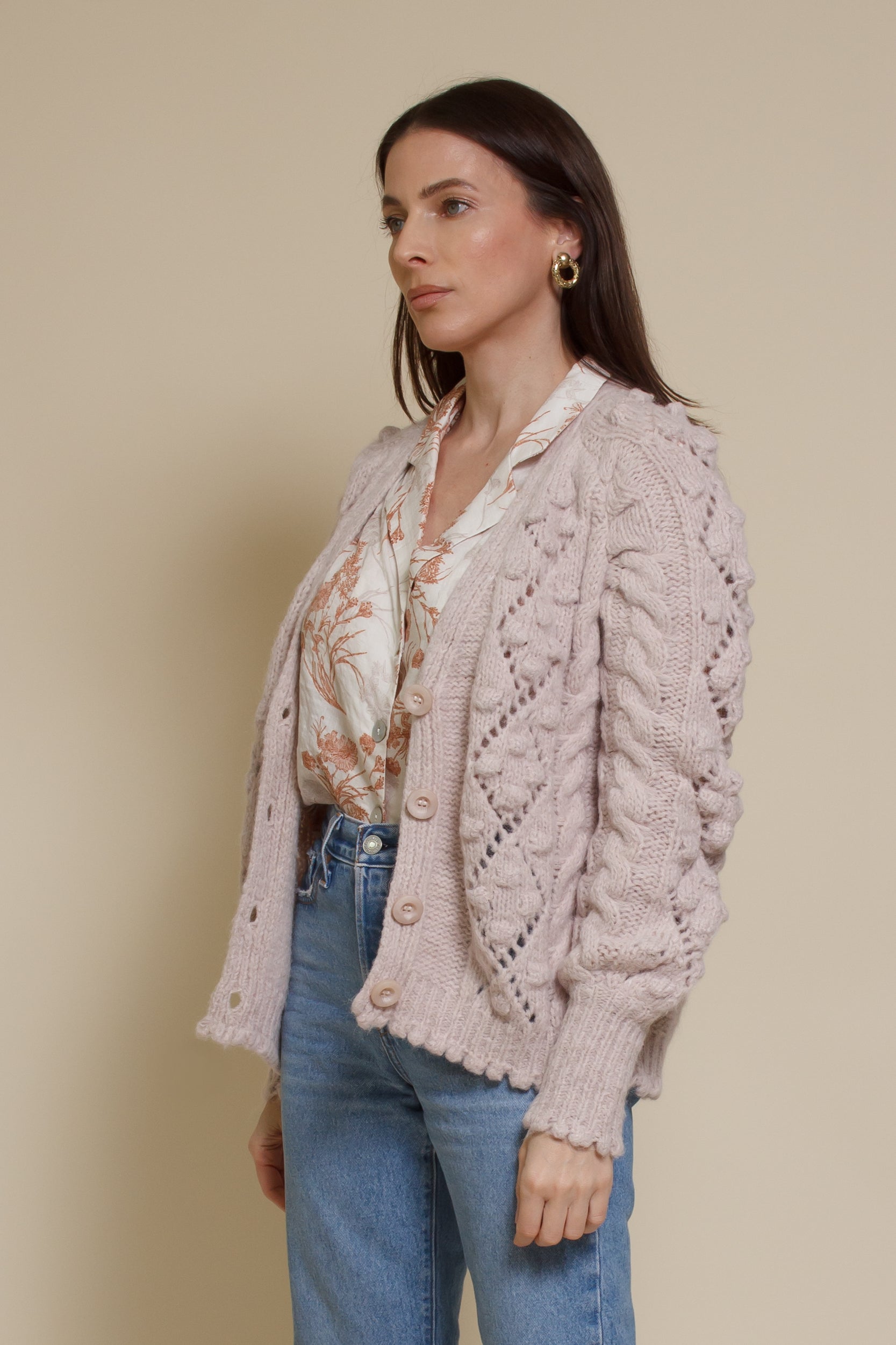 In Loom pointelle knit pom pom cardigan, in oatmeal.