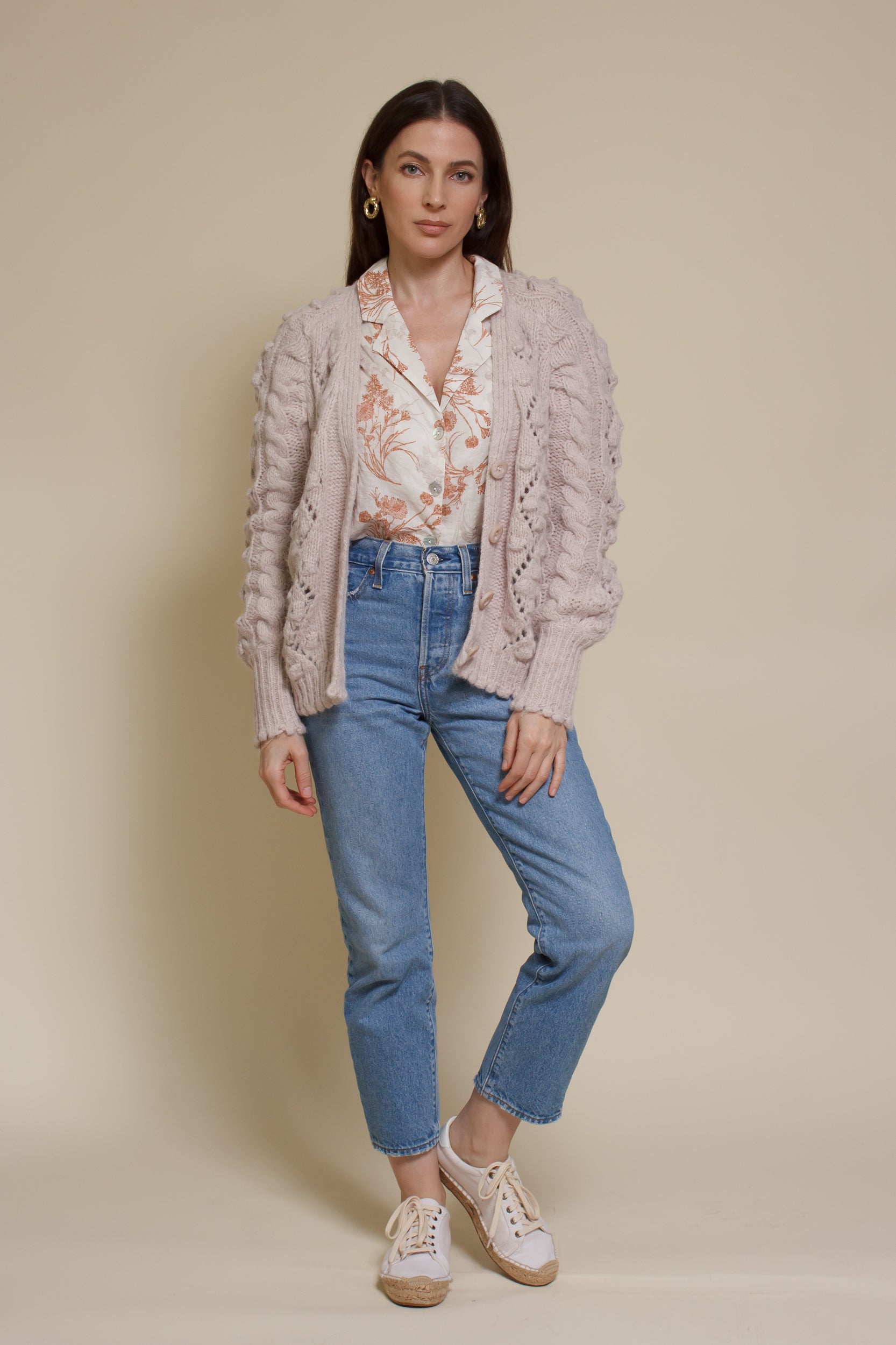 In Loom pointelle knit pom pom cardigan, in oatmeal.
