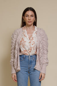 In Loom pointelle knit pom pom cardigan, in oatmeal.
