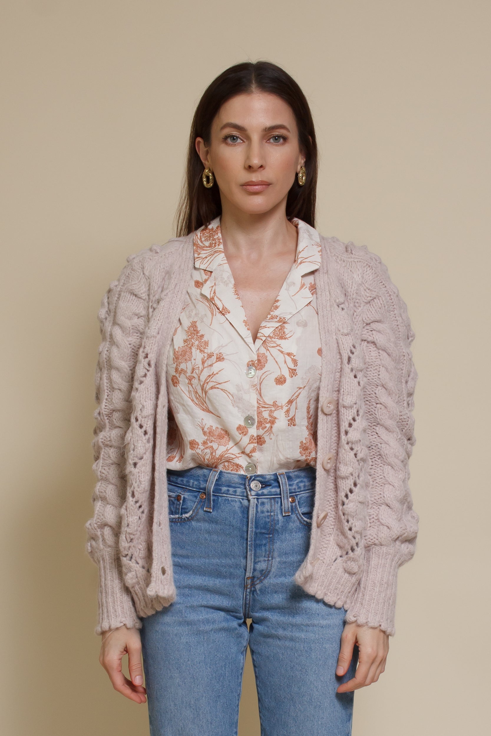 In Loom pointelle knit pom pom cardigan, in oatmeal.