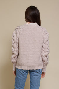 In Loom pointelle knit pom pom cardigan, in oatmeal.