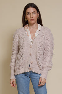 In Loom pointelle knit pom pom cardigan, in oatmeal.