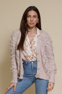 In Loom pointelle knit pom pom cardigan, in oatmeal.